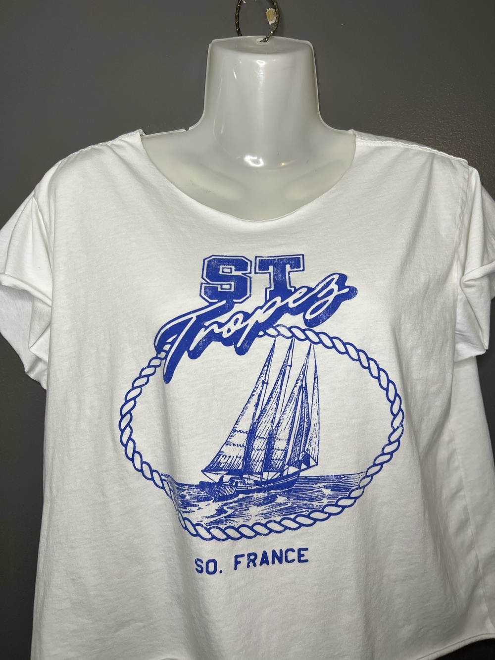 ST Tropez So France Womens Large Mighty Fine Shirt White Graphic Crop Tee Top